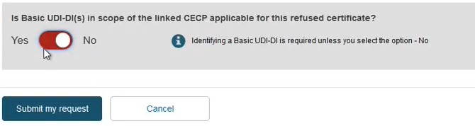 EUDAMED is a basic udi-di in scope of the linked cecp applicable for this refused certificate field toggle to no