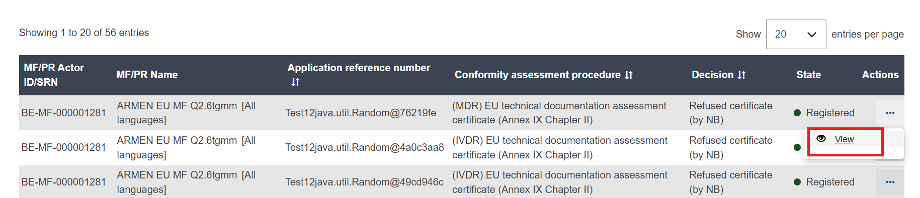 EUDAMED view link in the refused certificates/applications management page