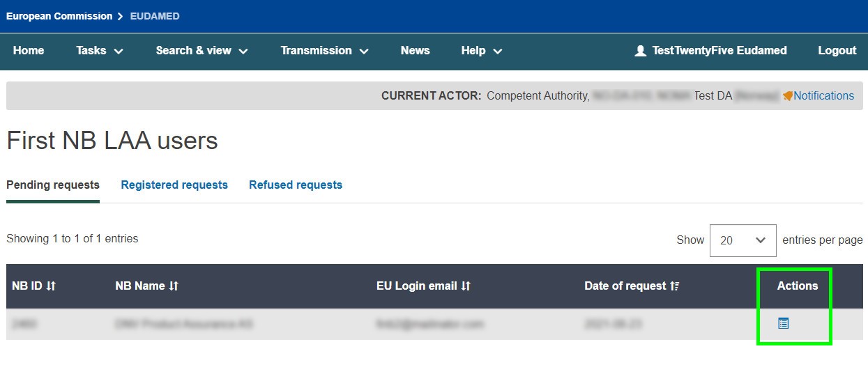 EUDAMED pending requests tab in First NB LAA users page