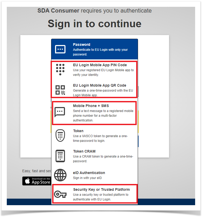 Sign-in options, Authentication
